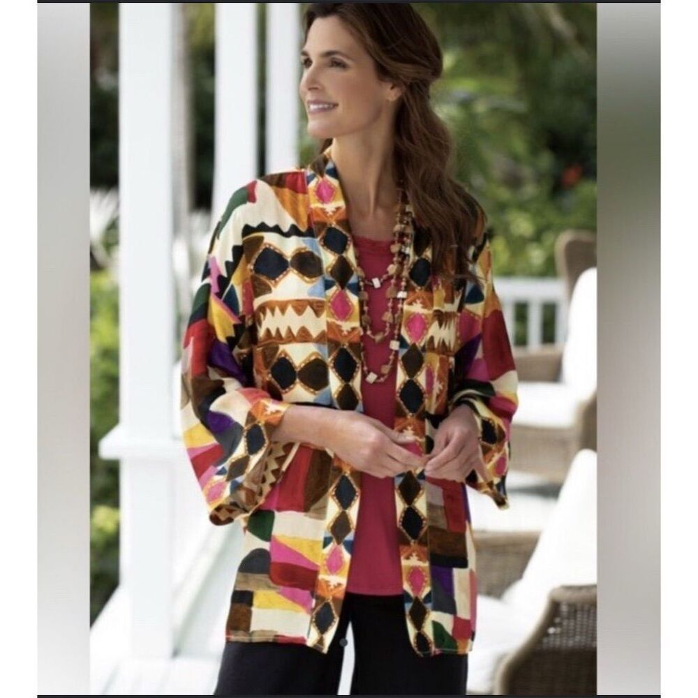Soft Surroundings Margot‎ open front 3/4 Sleeve Geometric Kimono Small Medium